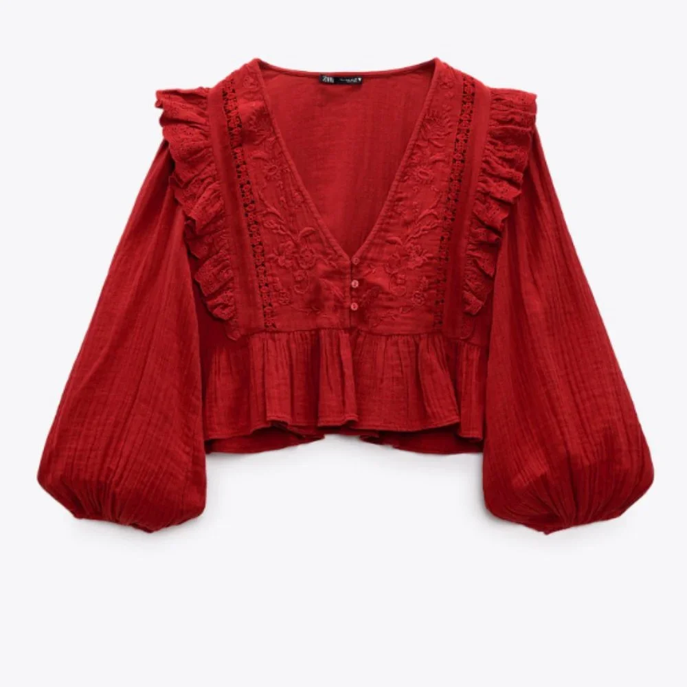 zara embroidered frilled top size medium nwt blouse with buttons - Picture 1 of 6